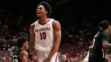 Feb 25, 2025; Tuscaloosa, AL, USA; Alabama forward Mouhamed Dioubate (10) reacts after getting a dunk against Mississippi State at Coleman Coliseum. Mandatory Credit: Gary Cosby Jr.-Tuscaloosa News