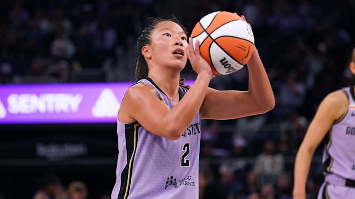 Apr 25, 2026; San Francisco, CA, USA;  Golden State Valkyries guard Kaitlyn Chen (2) shoots a free throw against the Seattle Storm in the third quarter at Chase Center. Mandatory Credit: David Gonzales-Imagn Images