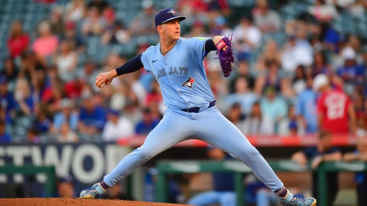 Aug 12, 2024; Anaheim, California, USA; Toronto Blue Jays pitcher Bowden Francis (44) throws against the Los Angeles Angels during the second inning at Angel Stadium.