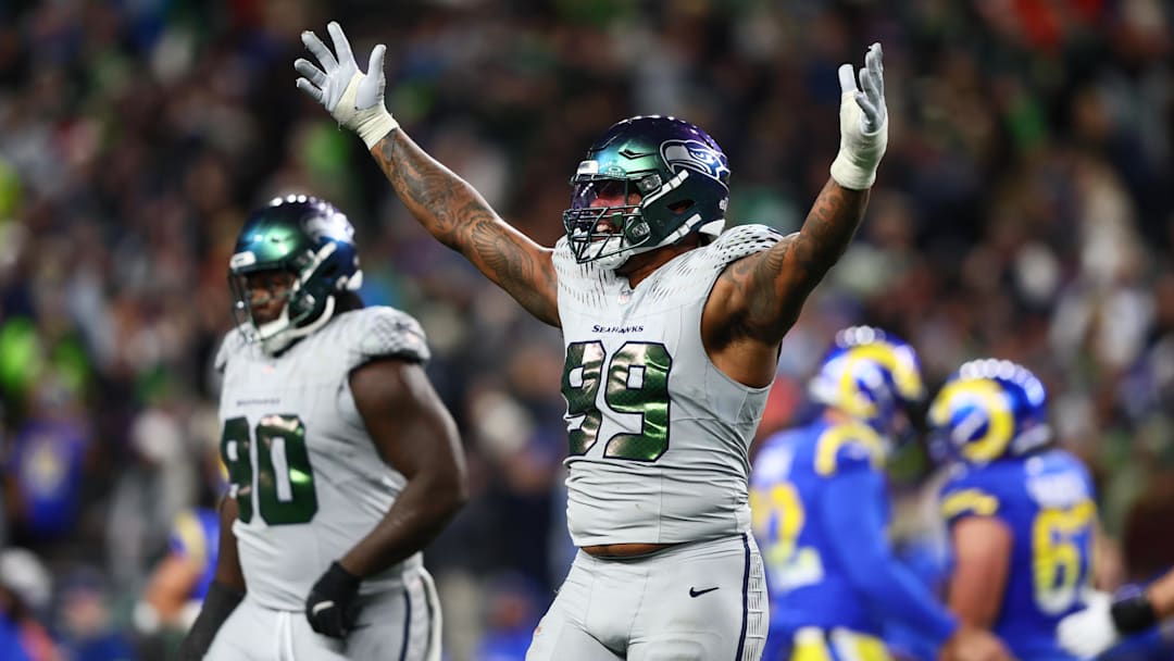 Dec 18, 2025; Seattle, Washington, USA; Seattle Seahawks defensive end Leonard Williams (99) reacts after a missed field goal by Los Angeles Rams in the fourth quarter at Lumen Field. Mandatory Credit: Kevin Ng-Imagn Images