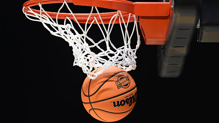 The March Madness logo on a basketball on Mar 27, 2025. The March Madness logo on a basketball on Mar 27, 2025.