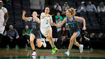 Oregon guard Sofia Bell passes off the ball as the Oregon Ducks host the Warner Pacific Knights in an exhibition game on Friday, Nov. 1, 2024, at Matthew Knight Arena in Eugene, Ore.