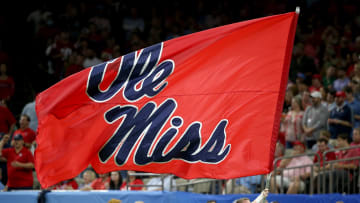 Jan 1, 2022; New Orleans, LA, USA; A Mississippi Rebels flag before the start of 2022 Sugar Bowl at the Caesars Superdome. Mandatory Credit: Chuck Cook-USA TODAY Sports