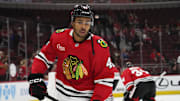 Oct 4, 2024; Chicago, Illinois, USA; Chicago Blackhawks defenseman Isaak Phillips (41) during warmups before a game against the Minnesota Wild at United Center. Mandatory Credit: David Banks-Imagn Images
