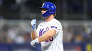 Aug 17, 2025; Williamsport, Pennsylvania, USA; New York Mets infielder Pete Alonso (20) reacts after hitting a single against the Seattle Mariners in the second inning at Journey Bank Ballpark at Historic Bowman Field. Mandatory Credit: Kyle Ross-Imagn Images