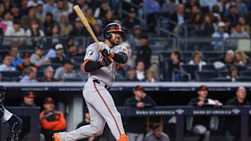 Sep 24, 2024; Bronx, New York, USA; Baltimore Orioles right fielder Anthony Santander (25) hits a solo home run during the sixth inning against the New York Yankees at Yankee Stadium. Mandatory Credit: Vincent Carchietta-Imagn Images