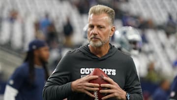 Sep 14, 2025; Arlington, Texas, USA; Dallas Cowboys defensive coordinator Matt Eberflus on the field during pregame at AT&T Stadium. Mandatory Credit: Raymond Carlin III-Imagn Images