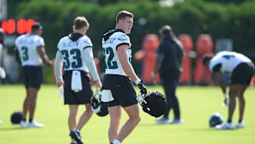 Jul 24, 2025; Philadelphia, PA, USA; Philadelphia Eagles safety Reed Blankenship reacts during training camp at NovaCare Complex. Mandatory Credit: Kyle Ross-Imagn Images