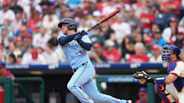 Jun 14, 2025; Philadelphia, Pennsylvania, USA; Toronto Blue Jays outfielder Myles Straw (3) hits an RBI single against the Philadelphia Phillies in the second inning at Citizens Bank Park. Mandatory Credit: Kyle Ross-Imagn Images