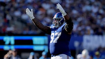 Sep 28, 2025; East Rutherford, New Jersey, USA; New York Giants defensive tackle Dexter Lawrence (97) reacts during the fourth quarter against the Los Angeles Chargers at MetLife Stadium. 
