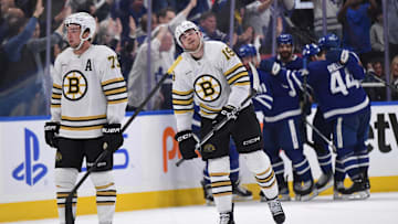 May 2, 2024; Toronto, Ontario, CAN;   Boston Bruins defenseman Charlie McAvoy (73) and forward John