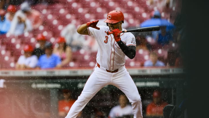 Aug 18, 2024; Cincinnati, Ohio, USA; Cincinnati Reds designated hitter Jeimer Candelario (3) reacts after getting hit by a wild pitch in the second inning against the Kansas City Royals at Great American Ball Park. Mandatory Credit: Katie Stratman-USA TODAY Sports