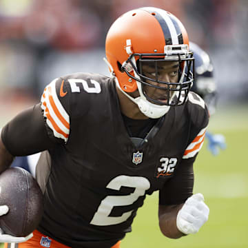 Dec 17, 2023; Cleveland, Ohio, USA; Cleveland Browns wide receiver Amari Cooper (2) runs the ball along the sideline for a touchdown against the Chicago Bears during the fourth quarter at Cleveland Browns Stadium. Mandatory Credit: Scott Galvin-Imagn Images