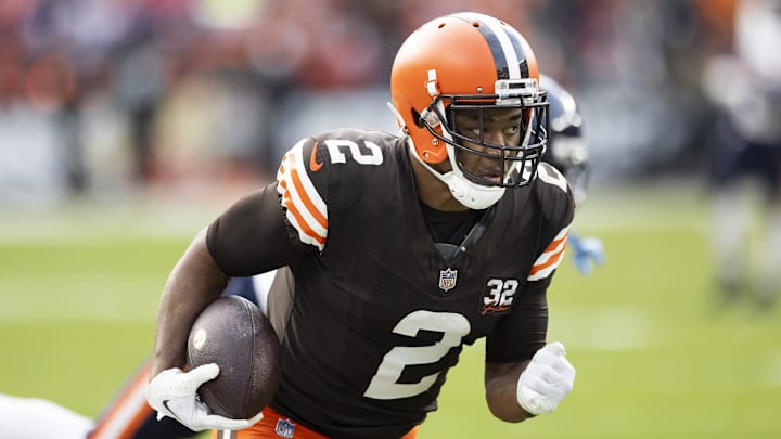 Dec 17, 2023; Cleveland, Ohio, USA; Cleveland Browns wide receiver Amari Cooper (2) runs the ball along the sideline for a touchdown against the Chicago Bears during the fourth quarter at Cleveland Browns Stadium. Mandatory Credit: Scott Galvin-Imagn Images