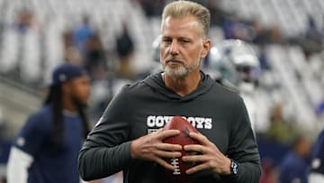 Sep 14, 2025; Arlington, Texas, USA; Dallas Cowboys defensive coordinator Matt Eberflus on the field during pregame at AT&T Stadium. Mandatory Credit: Raymond Carlin III-Imagn Images
