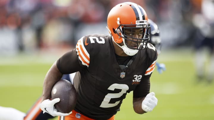 Dec 17, 2023; Cleveland, Ohio, USA; Cleveland Browns wide receiver Amari Cooper (2) runs the ball along the sideline for a touchdown against the Chicago Bears during the fourth quarter at Cleveland Browns Stadium.