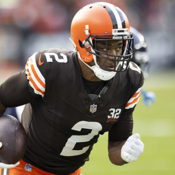 Dec 17, 2023; Cleveland, Ohio, USA; Cleveland Browns wide receiver Amari Cooper (2) runs the ball along the sideline for a touchdown against the Chicago Bears during the fourth quarter at Cleveland Browns Stadium.