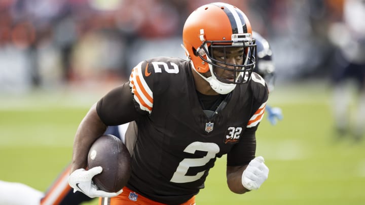 Dec 17, 2023; Cleveland, Ohio, USA; Cleveland Browns wide receiver Amari Cooper (2) runs the ball along the sideline for a touchdown against the Chicago Bears during the fourth quarter at Cleveland Browns Stadium.