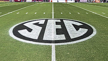 Oct 4, 2025; College Station, Texas, USA; A detail view of the SEC logo painted on Kyle Field prior to the game between the Texas A&M Aggies and the Mississippi State Bulldogs. Mandatory Credit: Maria Lysaker-Imagn Images 