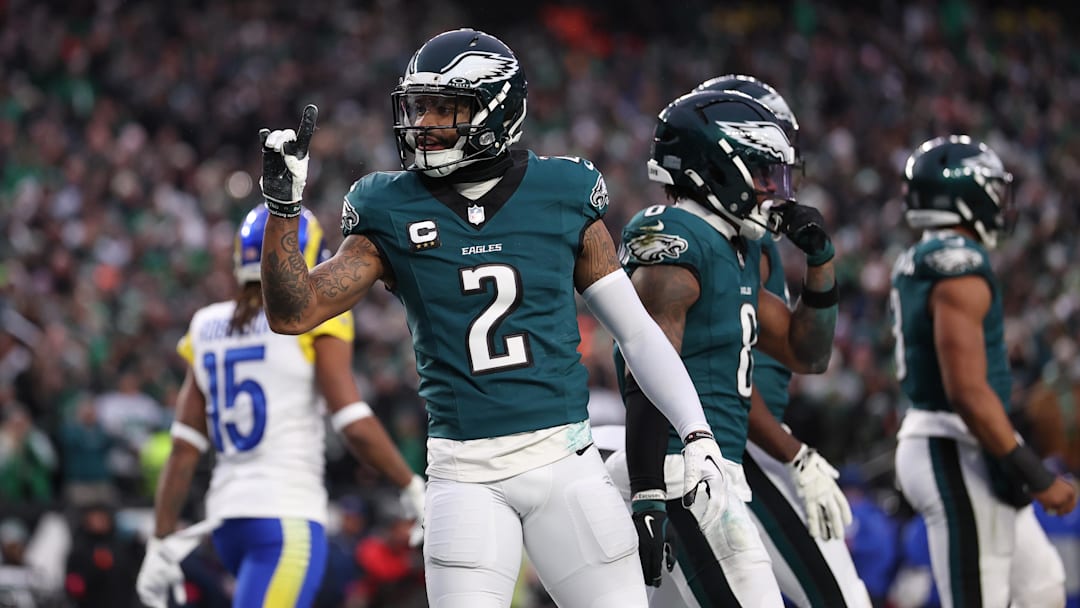 Jan 19, 2025; Philadelphia, Pennsylvania, USA; Philadelphia Eagles cornerback Darius Slay Jr. (2) reacts after breaking up a touchdown pass in the first quarter against the Los Angeles Rams in a 2025 NFC divisional round game