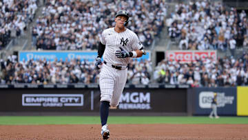 Mar 30, 2025; Bronx, New York, USA; New York Yankees right fielder Aaron Judge (99) rounds the bases after hitting a two run home run against the Milwaukee Brewers during the first inning at Yankee Stadium. Mandatory Credit: Brad Penner-Imagn Images