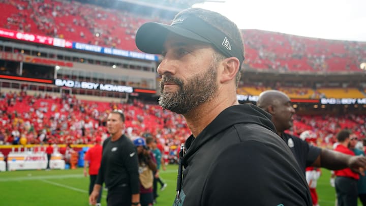 Sep 14, 2025; Kansas City, Missouri, USA; Philadelphia Eagles head coach Nick Sirianni looks on after the game against the Kansas City Chiefs at GEHA Field at Arrowhead Stadium. Mandatory Credit: Denny Medley-Imagn Images