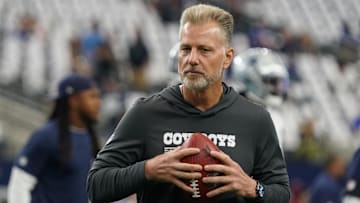 Sep 14, 2025; Arlington, Texas, USA; Dallas Cowboys defensive coordinator Matt Eberflus on the field during pregame at AT&T Stadium. Mandatory Credit: Raymond Carlin III-Imagn Images