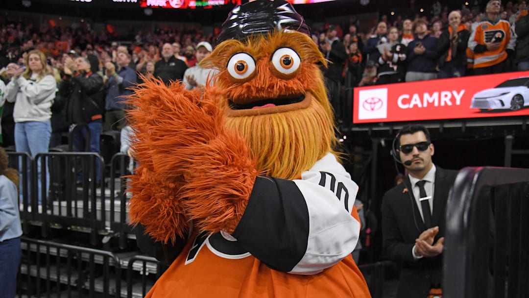 Jan 7, 2025; Philadelphia, Pennsylvania, USA; Philadelphia Flyers mascot Gritty during the second period against the Toronto Maple Leafs at Wells Fargo Center. Mandatory Credit: Eric Hartline-Imagn Images