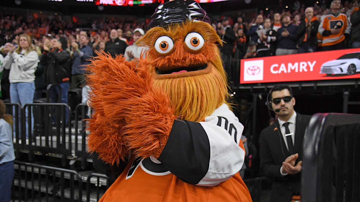 Jan 7, 2025; Philadelphia, Pennsylvania, USA; Philadelphia Flyers mascot Gritty during the second period against the Toronto Maple Leafs at Wells Fargo Center. Mandatory Credit: Eric Hartline-Imagn Images