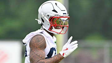 Jun 9, 2025; Foxborough, MA, USA; New England Patriots wide receiver Kendrick Bourne (84) during a break in drills at minicamp at Gillette Stadium. Mandatory Credit: Eric Canha-Imagn Images