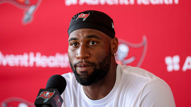 Tampa Bay Buccaneers linebacker Haason Reddick (5) talks to media after training camp at AdventHealth Training Center.  