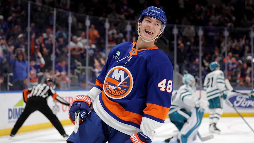Oct 21, 2025; Elmont, New York, USA; New York Islanders defenseman Matthew Schaefer (48) celebrates his goal against the San Jose Sharks during the second period at UBS Arena. Mandatory Credit: Brad Penner-Imagn Images