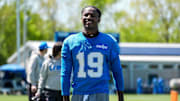 Detroit Lions wide receiver Dominic Lovett (19) smiles as he walks off the field after practice during rookie mini camp at Meijer Performance Center in Allen Park on Friday, May 9, 2025.