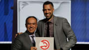 May 12, 2024; Chicago, IL, USA; Atlanta Hawks general manager Landry Fields (right) and Mark Tatum
Deputy commissioner of the NBA after the Hawks get the number one pick in the 2024 NBA Draft Lottery at McCormick Place West. Mandatory Credit: David Banks-USA TODAY Sports