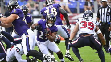 Sep 10, 2023; Baltimore, Maryland, USA; Baltimore Ravens running back J.K. Dobbins (27) carries the