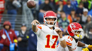 Aug 15, 2025; Seattle, Washington, USA; Kansas City Chiefs quarterback Gardner Minshew (17) attempts a pass against the Seattle Seahawks during the first quarter at Lumen Field. Mandatory Credit: Joe Nicholson-Imagn Images