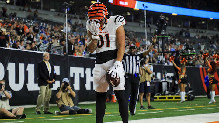 Aug 22, 2024; Cincinnati, Ohio, USA; Cincinnati Bengals wide receiver Jermaine Burton (81) reacts after scoring a touchdown against the Indianapolis Colts in the second half at Paycor Stadium. Mandatory Credit: Katie Stratman-Imagn Images