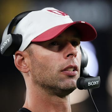 Arizona Cardinals head coach Jonathan Gannon watches from the sidelines as they play against the Las Vegas Raiders at State Farm Stadium in Glendale, on Aug. 23, 2025.