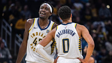 Indiana Pacers forward Pascal Siakam and guard Tyrese Haliburton (0) in the second half against the Orlando Magic at Gainbridge Fieldhouse in Indianapolis on Nov. 6, 2024.