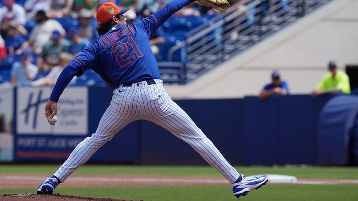 New York Mets pitcher Zach Thornton (21) pitches in the first inning against the Toronto Blue Jays at Clover Park. Mandatory Credit: Jim Rassol-Imagn Images