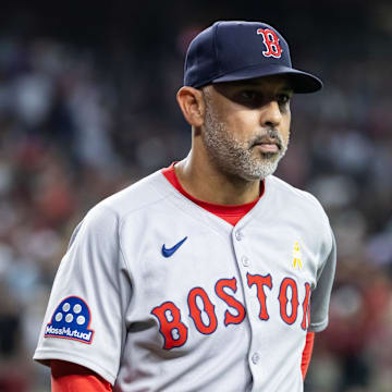 Sep 7, 2025; Phoenix, Arizona, USA; Boston Red Sox manager Alex Cora against the Arizona Diamondbacks at Chase Field. Mandatory Credit: Mark J. Rebilas-Imagn Images