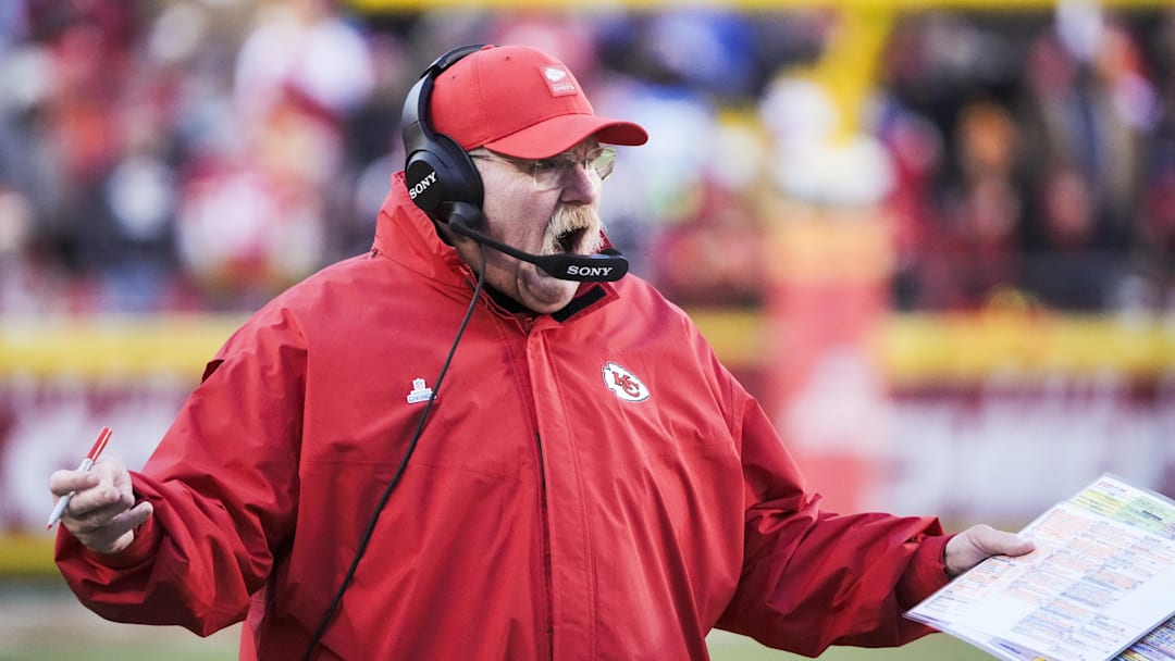 Dec 14, 2025; Kansas City, Missouri, USA; Kansas City Chiefs head coach Andy Reid reacts to a play against the Los Angeles Chargers during the third quarter at GEHA Field at Arrowhead Stadium. Mandatory Credit: Denny Medley-Imagn Images