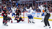Apr 24, 2025; Ottawa, Ontario, CAN; The Toronto Maple Leafs celebrate a goal scored by left wing Matthew Knies (23) in game three of the first round of the 2025 Stanley Cup Playoffs against the Ottawa Senators at Canadian Tire Centre. Mandatory Credit: Marc DesRosiers-Imagn Images