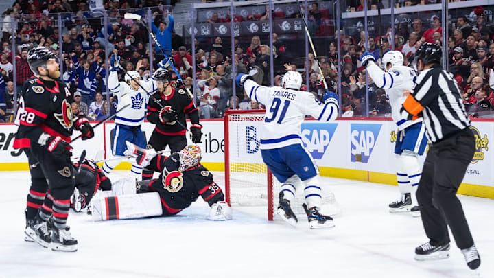 Apr 24, 2025; Ottawa, Ontario, CAN; The Toronto Maple Leafs celebrate a goal scored by left wing Matthew Knies (23) in game three of the first round of the 2025 Stanley Cup Playoffs against the Ottawa Senators at Canadian Tire Centre. Mandatory Credit: Marc DesRosiers-Imagn Images