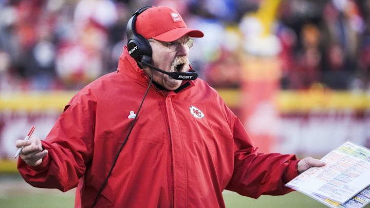 Dec 14, 2025; Kansas City, Missouri, USA; Kansas City Chiefs head coach Andy Reid reacts to a play against the Los Angeles Chargers during the third quarter at GEHA Field at Arrowhead Stadium. Mandatory Credit: Denny Medley-Imagn Images