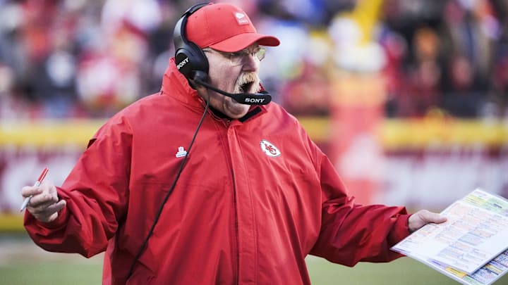 Dec 14, 2025; Kansas City, Missouri, USA; Kansas City Chiefs head coach Andy Reid reacts to a play against the Los Angeles Chargers during the third quarter at GEHA Field at Arrowhead Stadium.