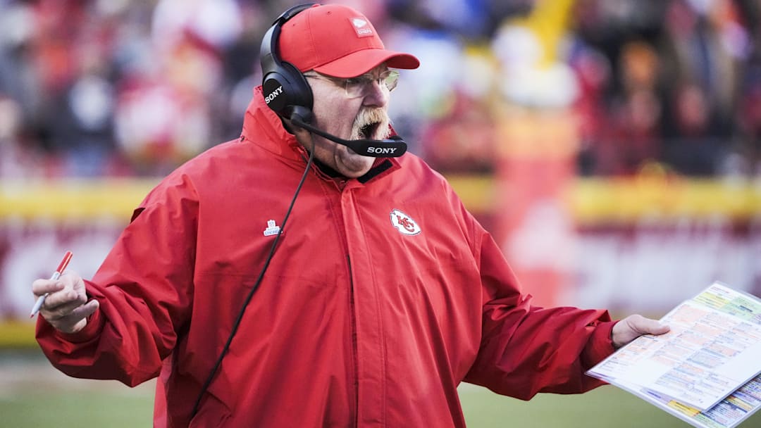 Dec 14, 2025; Kansas City, Missouri, USA; Kansas City Chiefs head coach Andy Reid reacts to a play against the Los Angeles Chargers during the third quarter at GEHA Field at Arrowhead Stadium.