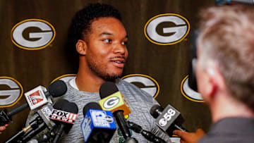Green Bay Packers rookie linebacker Collin Oliver is interviewed by the media during rookie minicamp on Friday, May 2, 2025, at Lambeau Field in Green Bay, Wisconsin. The Packers selected Oliver with their fifth round pick in the 2025 NFL Draft.
Tork Mason/USA TODAY NETWORK-Wisconsin