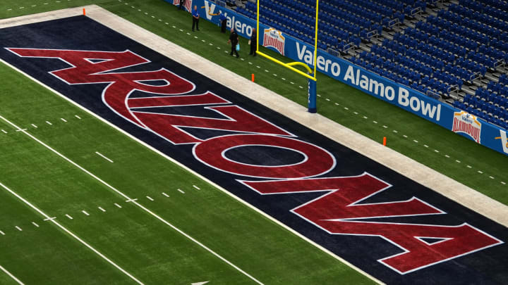 Dec 28, 2023; San Antonio, TX, USA; The Arizona Wildcats logo in the end zone at Alamodome