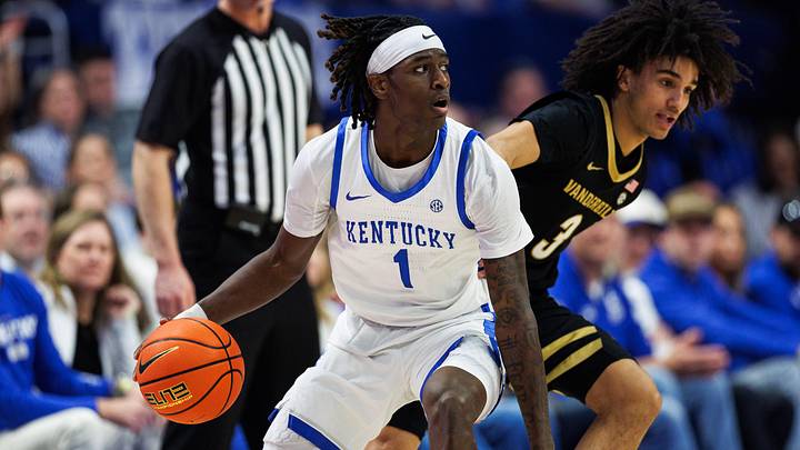 Feb 28, 2026; Lexington, Kentucky, USA; Kentucky Wildcats guard Denzel Aberdeen (1) handles the ball during the first half against the Vanderbilt Commodores at Rupp Arena at Central Bank Center. Mandatory Credit: Jordan Prather-Imagn Images
